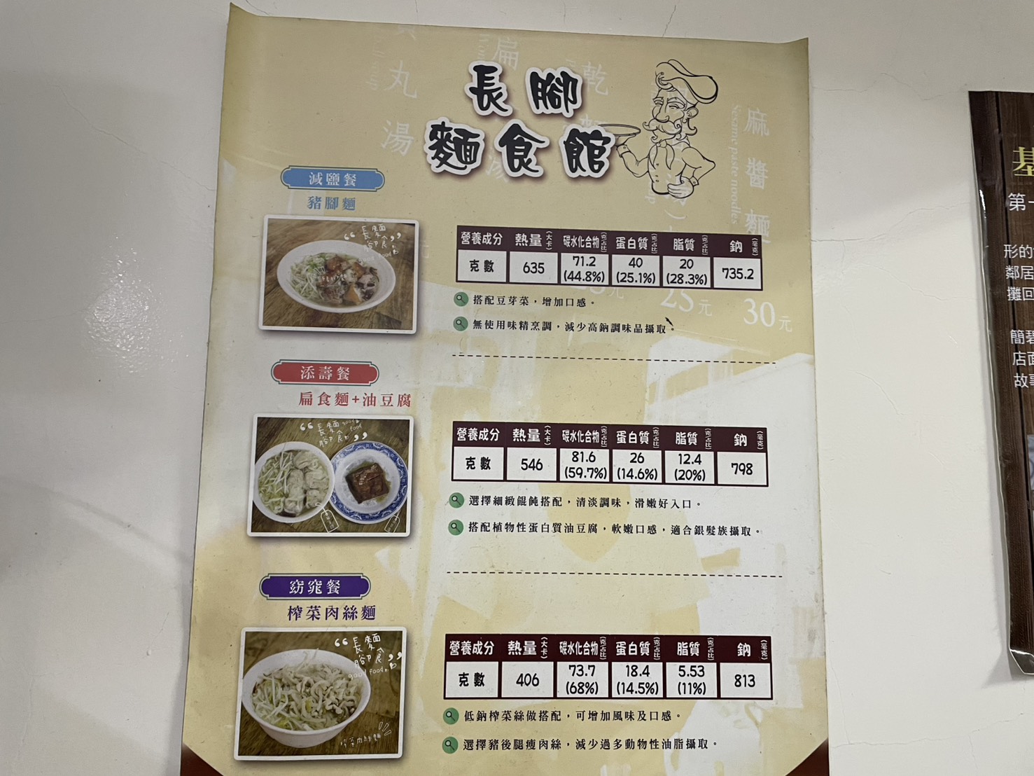 長腳麵食套餐與營養成分看板